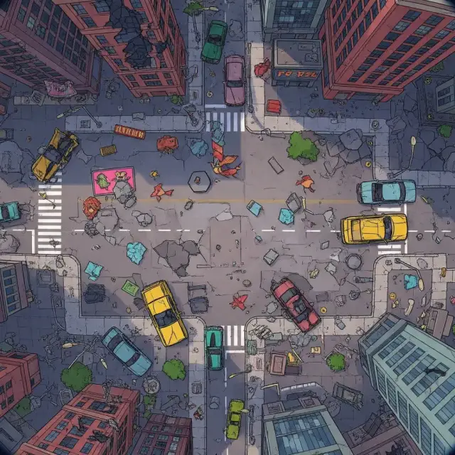 A ruined city crossroads full of abandoned cars