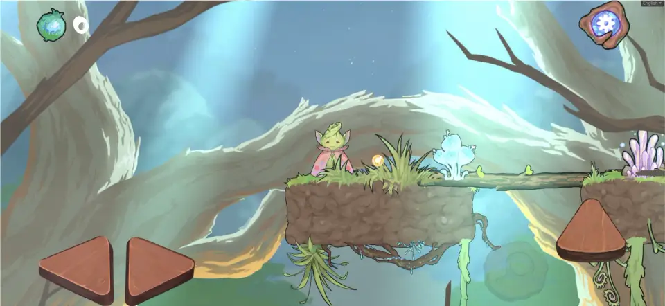 Boo on a mossy platform under a giant fallen tree