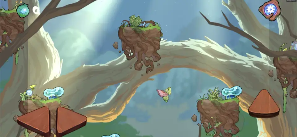 Boo gliding between floating islands of earth and roots