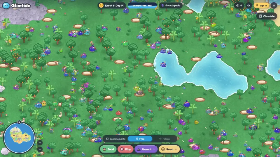 Glims, nests and fruit trees around a jungle lake in daylight