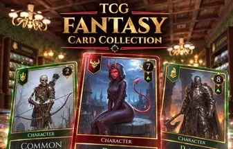 TCG: FANTASY Card Collection key art: three fantasy cards of different rarities in front of the library's cabinets