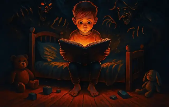 Bedtime Stories album cover: a boy reads a glowing book on his bed while shadowy monsters lean over him