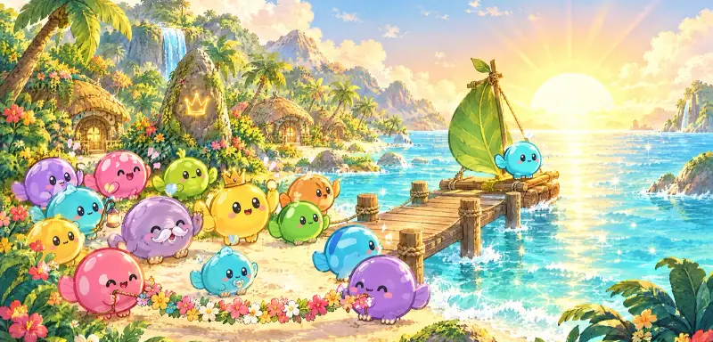 Glims of many colours wave goodbye from a tropical beach as a blue glim sets off on a leaf-sail raft toward the sunrise
