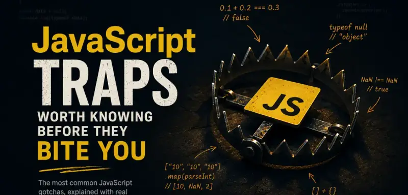 A field-tested tour of the JavaScript traps that bite real codebases — floating-point math, NaN, ==, hoisting, this, references, async/await, and JSON cloning.
