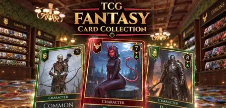TCG: FANTASY Card Collection key art: three fantasy cards of different rarities in front of the library's cabinets