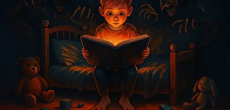 Bedtime Stories album cover: a boy reads a glowing book on his bed while shadowy monsters lean over him