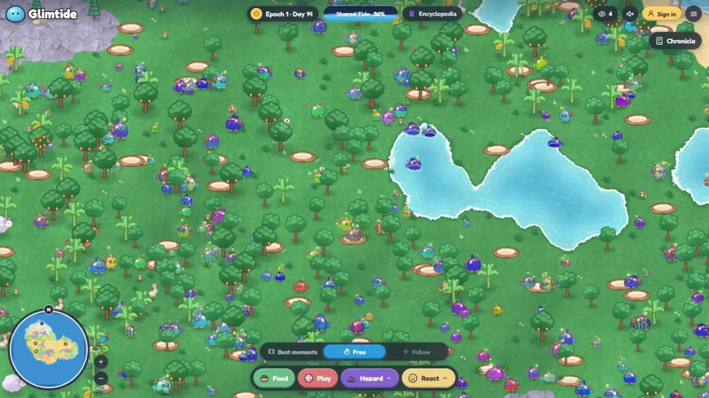 Glims, nests and fruit trees around a jungle lake in daylight