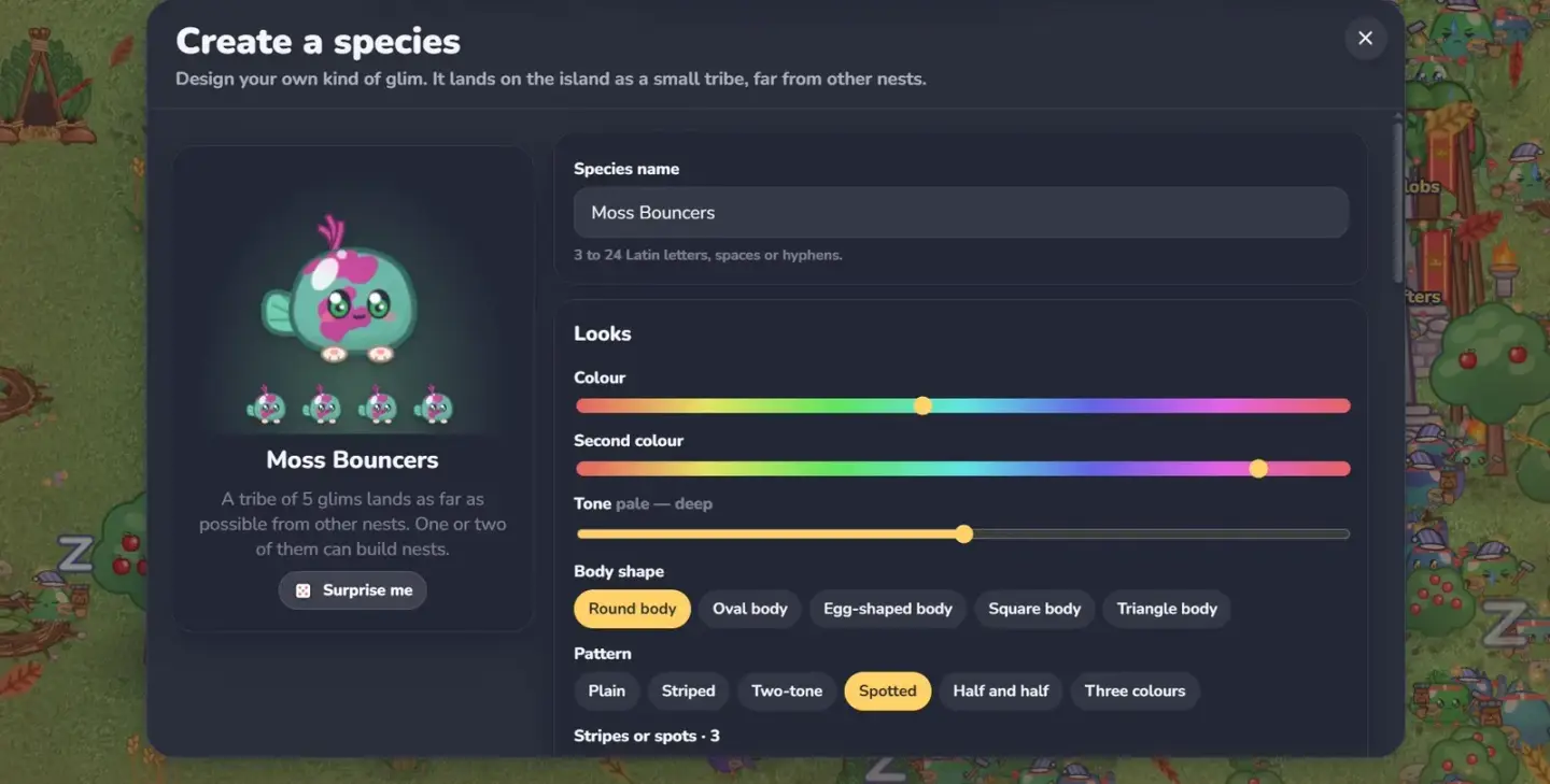 Create a species: the Moss Bouncers, with colours, body shape and pattern picked in the species designer