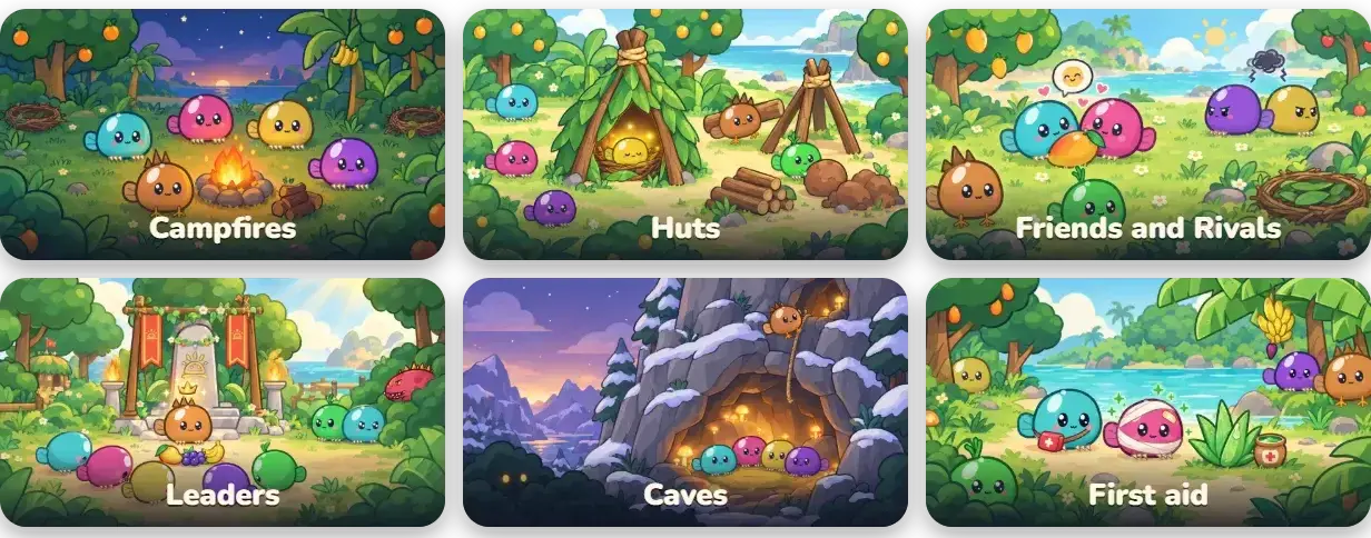 Turns of evolution waiting in the pool: campfires, huts, friends and rivals, leaders, caves and first aid