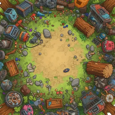 A forest clearing arena littered with wreckage