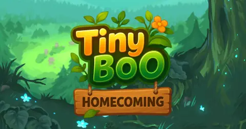 Tiny Boo: Homecoming logo over the magical forest of Lumia