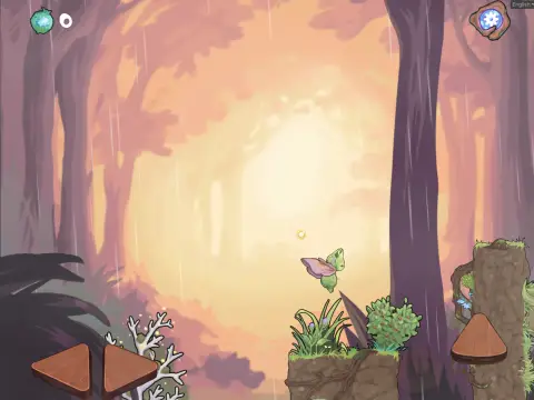 Boo gliding through a pink sunset forest in the rain